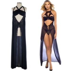 Georgette High Neck Balconette Cup Gown Gothic Sheer Lace Long Maxi Gown XL